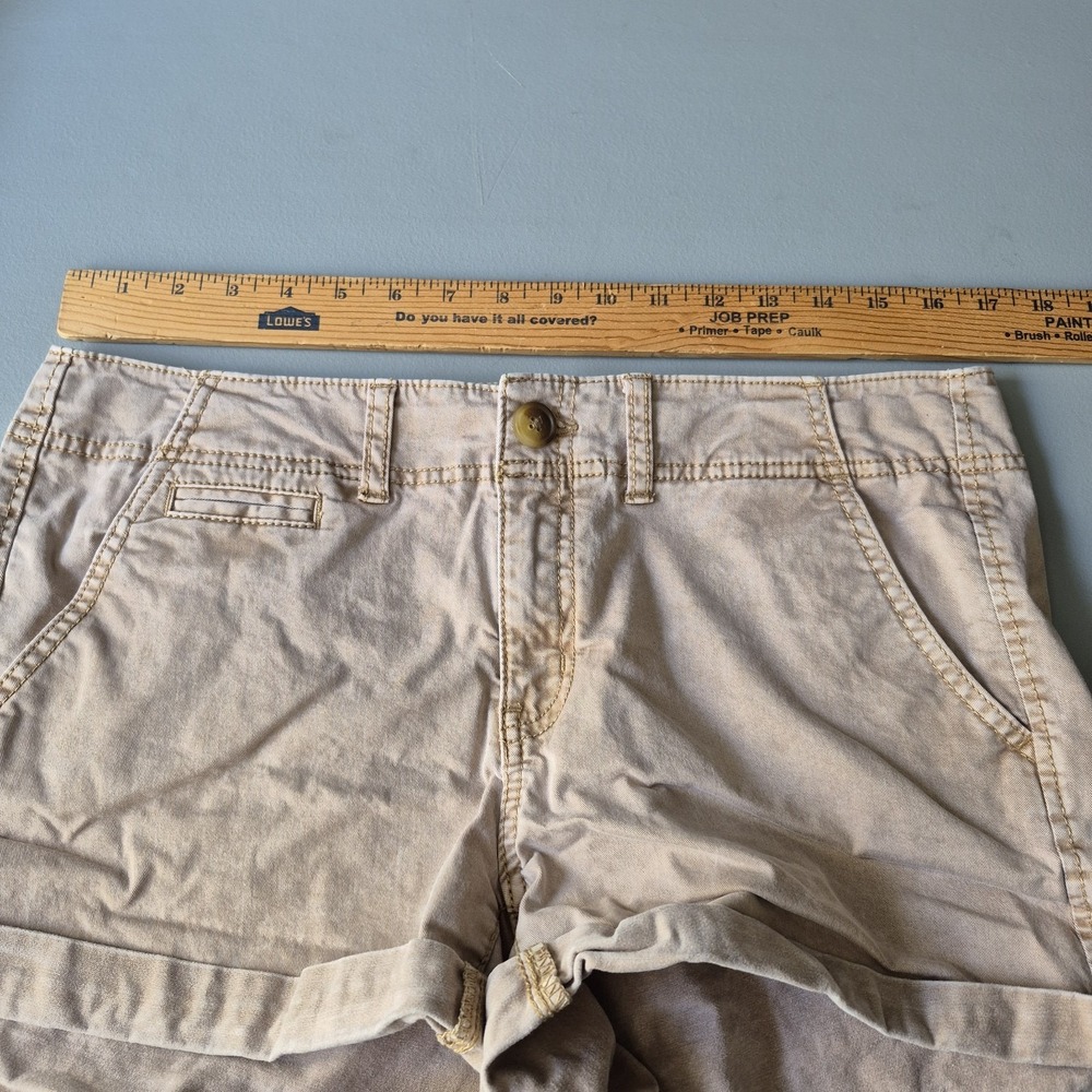 Y2K American Eagle Shorts Womens 12 Khaki Tan Shortie Micro Mini Bootie Preppy - Picture 6 of 9